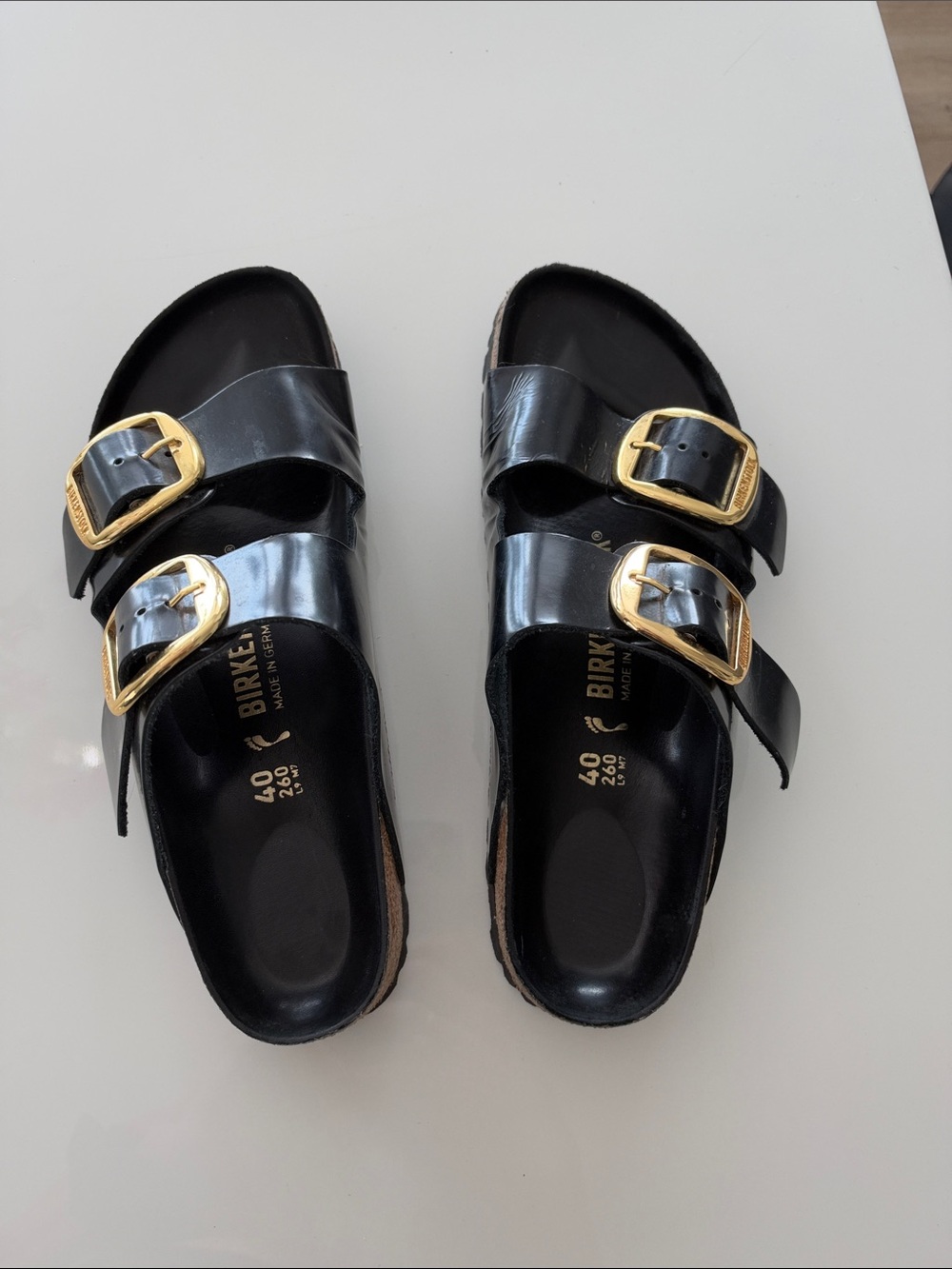 Birkenstock Black Double-Strap Sandals with Gold Buckles